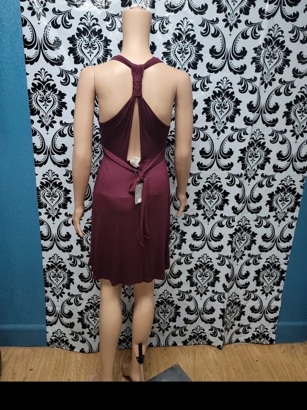 Ruched Halter Empire Midi Dress in Deep Plum - Picture 4 of 5